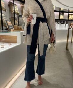 Linen belted shirt navy/beige
